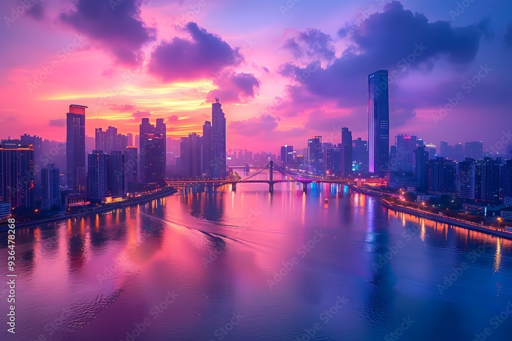 custom made wallpaper toronto digitalStunning Sunset Over a Vibrant City Skyline Reflected in Water