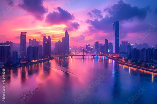 Wallpaper Mural Stunning Sunset Over a Vibrant City Skyline Reflected in Water Torontodigital.ca