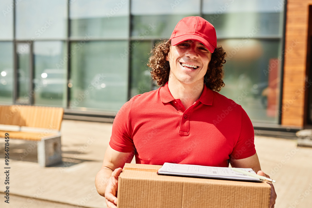 Smiling delivery worker holding package and clipboard while standing outside near building in bright sunny weather Smiling delivery worker holding package and clipboard while standing outside near building in bright sunny weather