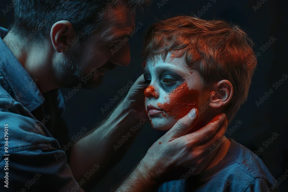 The boy stared straight ahead, trusting his father as he perfected the skull makeup on his face The boy stared straight ahead, trusting his father as he perfected the skull makeup on his face