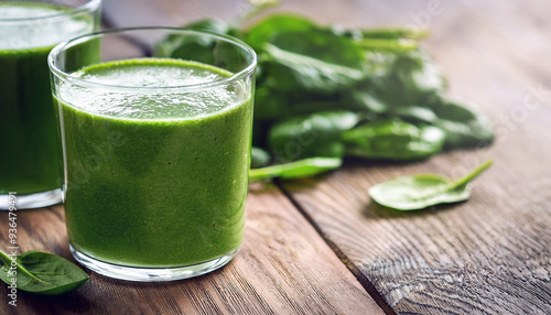 Fresh Green Smoothie with Spinach in Glass on Wooden Table