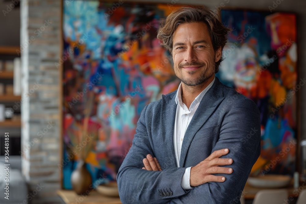Fototapeta premium Smiling man in suit standing confidently in a modern office interior with abstract artwork