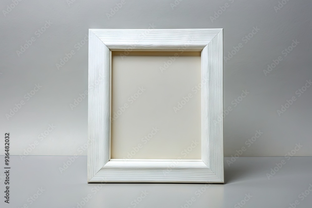 Empty white wooden picture frame on a light gray background, perfect for inserting your own images, designs, or artwork. Empty white wooden picture frame on a light gray background, perfect for inserting your own images, designs, or artwork.