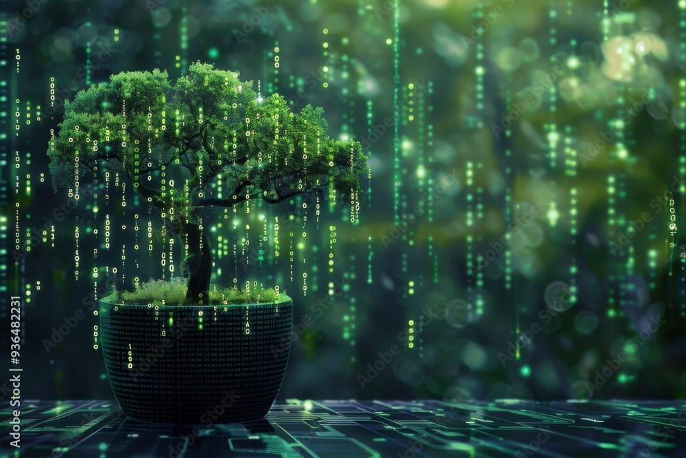 Fototapeta premium A tree emerging from a digital plant pot, symbolizing Eco Technology Technology Convergence