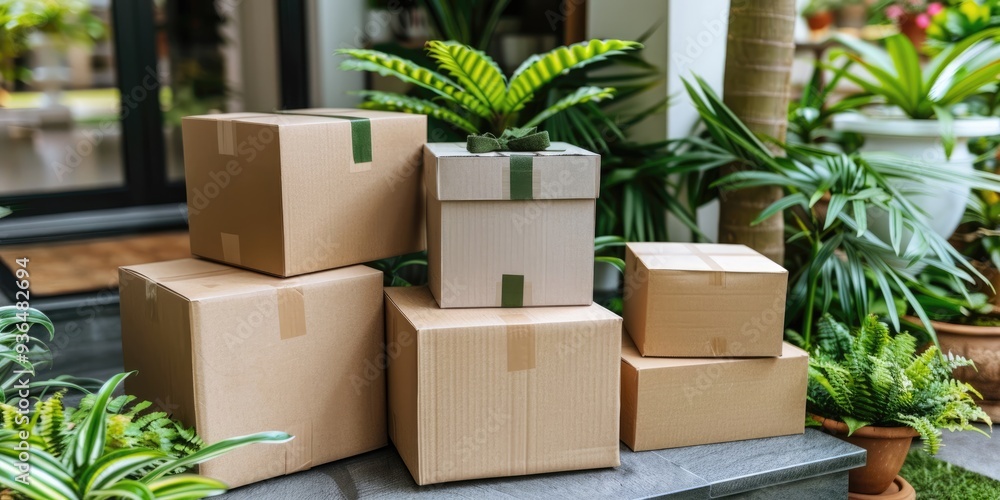 Packages stacked on a porch surrounded by lush greenery showcase delivery challenges in an urban garden setting during the afternoon Packages stacked on a porch surrounded by lush greenery showcase delivery challenges in an urban garden setting during the afternoon