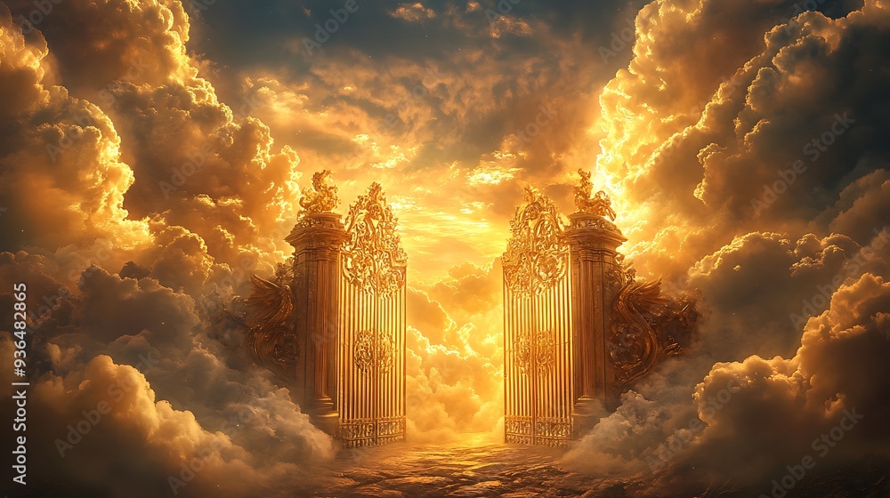 Obraz premium Golden Gates Opening to Heaven with Clouds