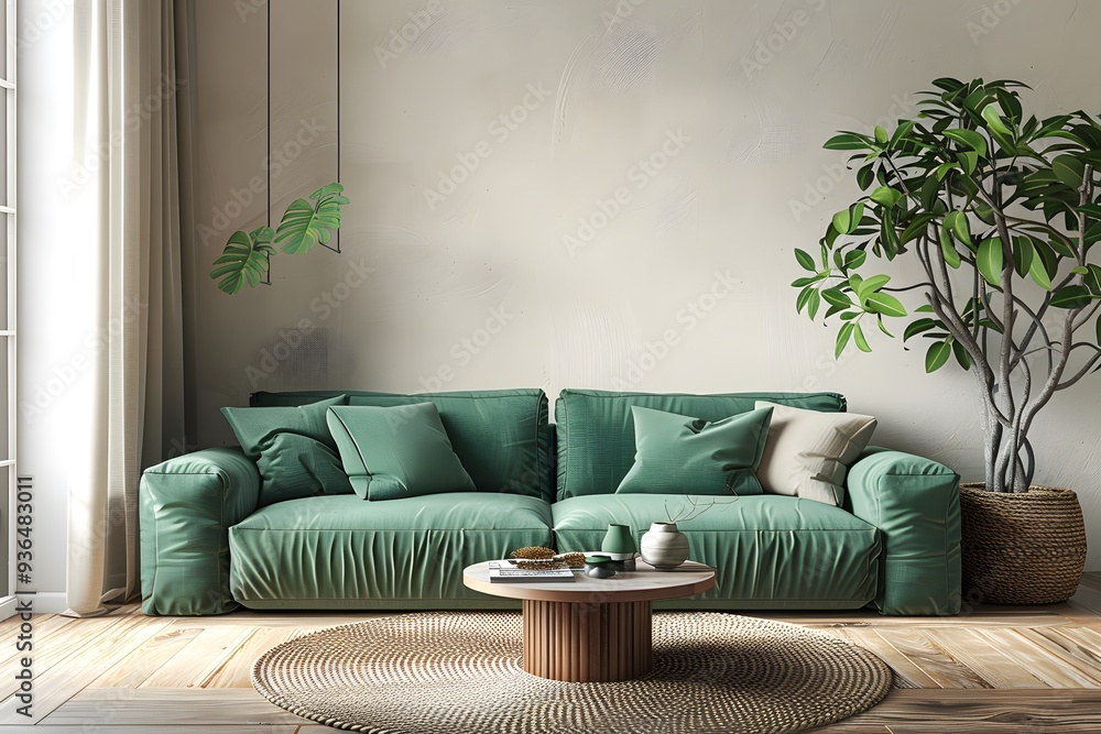 Cozy Green Living Room with Stylish Sofa and Natural Elements Cozy Green Living Room with Stylish Sofa and Natural Elements