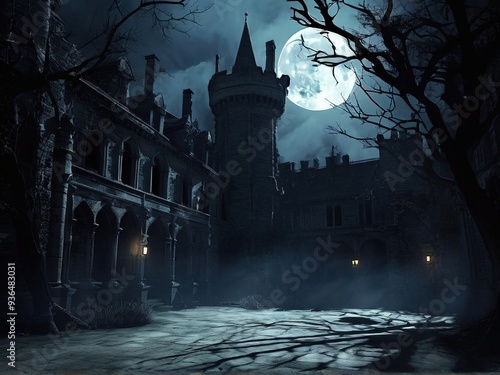 A spooky, gothic castle stands tall under a full moon, its silhouette outlined against the night sky. The castle's courtyard is illuminated by the soft glow of lanterns