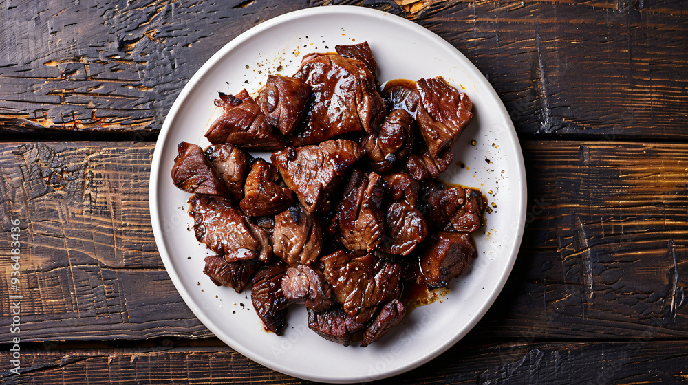 White plate with grilled beef seasoned with teriyaki sauce and spices on rustic wooden table White plate with grilled beef seasoned with teriyaki sauce and spices on rustic wooden table