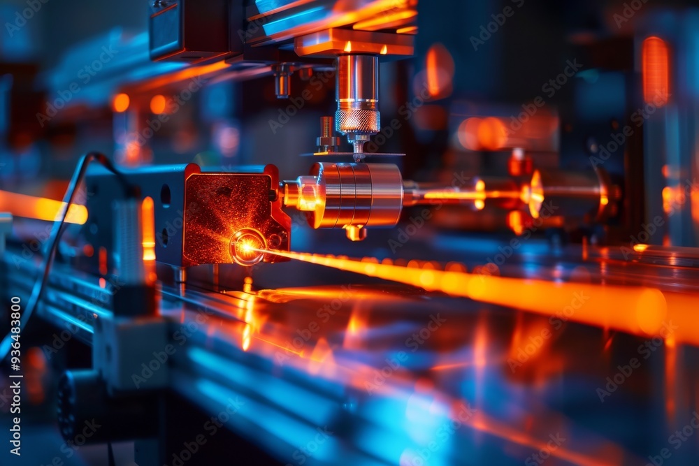 Fototapeta premium Advanced research in an optical physics lab featuring laser beams, highlighting experimentation