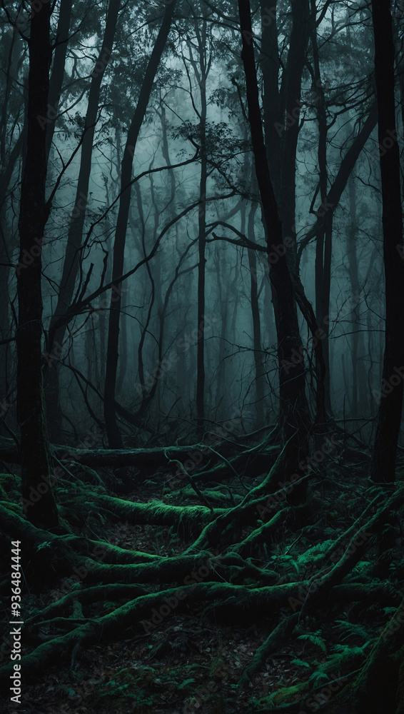 Fototapeta premium wallpaper featuring a dark, eerie forest with twisted trees, glowing eyes peeking from the shadows, and a faint mist in the background, all in deep, muted tones like black, grey, and dark green 