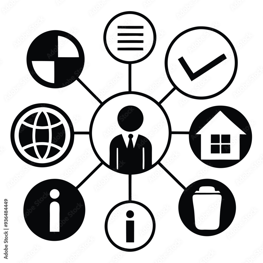 High-Quality Simple Icon of Human Character with Data, Charts, and Documents in Office Setting with Innovation Symbol in Dark Green on White Background High-Quality Simple Icon of Human Character with Data, Charts, and Documents in Office Setting with Innovation Symbol in Dark Green on White Background