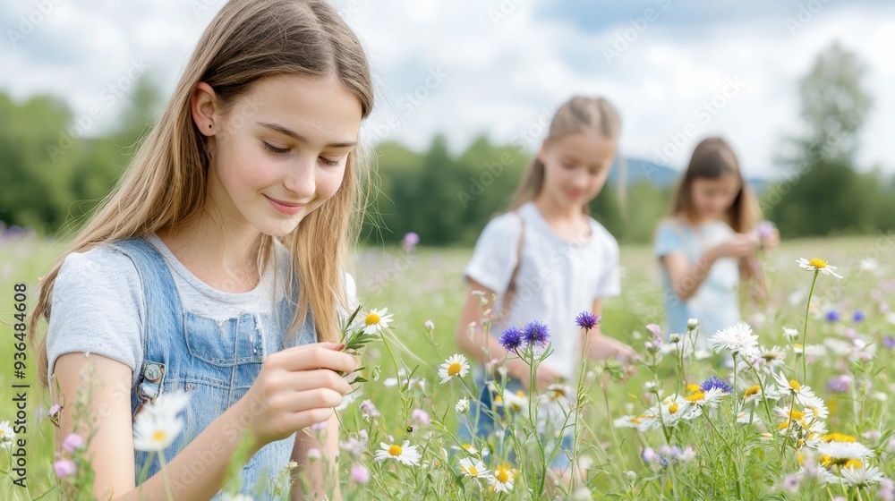 Friends enjoying a nature hike, picking wildflowers and herbs Friends enjoying a nature hike, picking wildflowers and herbs