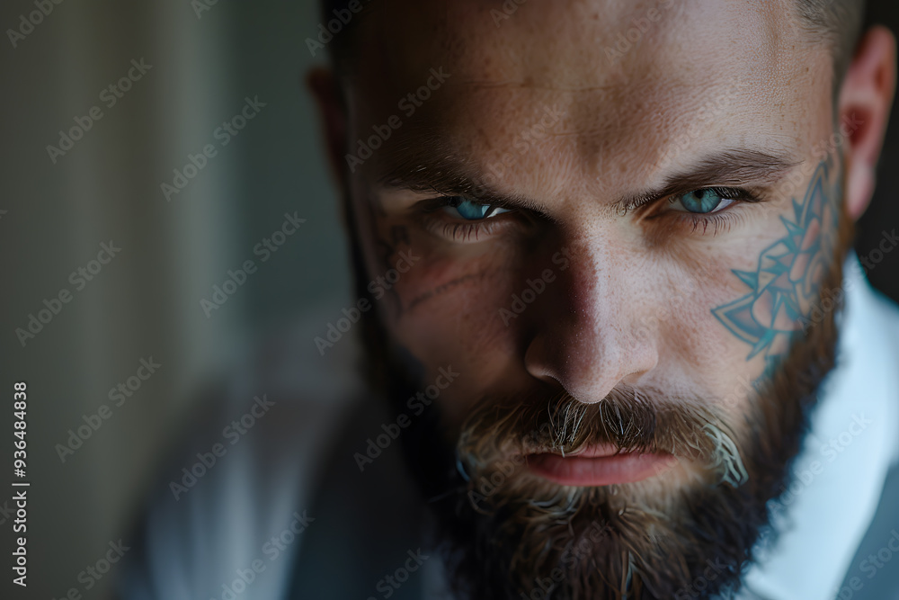 Intense portrait of a tattooed male with piercing blue eyes and a rugged beard, exuding charisma and strength. Intense portrait of a tattooed male with piercing blue eyes and a rugged beard, exuding charisma and strength.