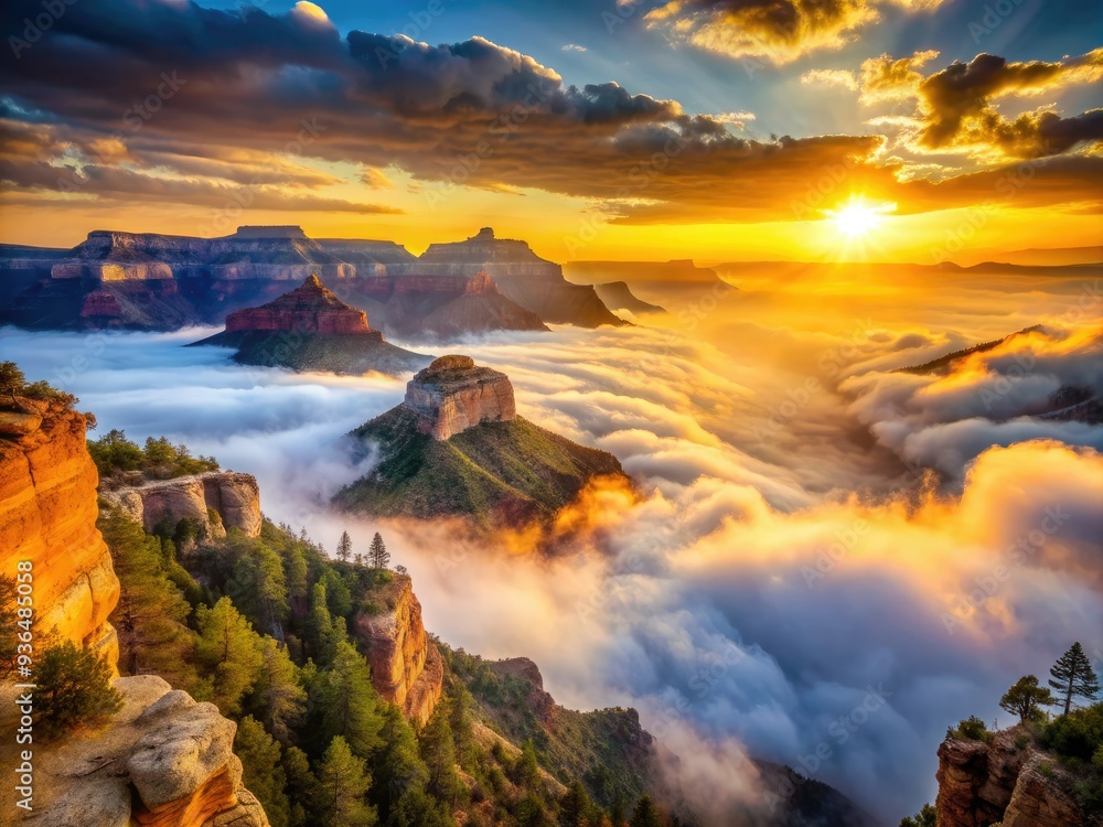 Naklejka premium Ethereal dawn breaks over the Grand Canyon's majestic mountains, shrouded in a mystical veil of dense fog, with warm golden light slowly revealing nature's splendor.