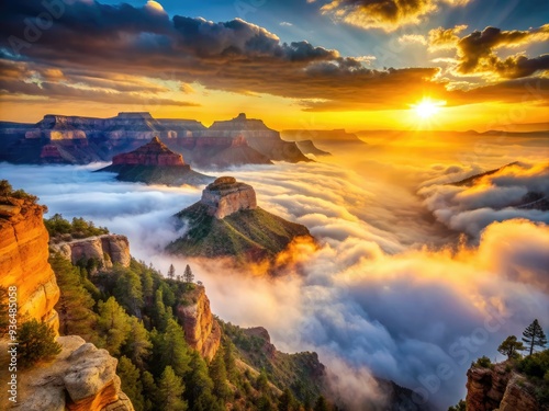 Ethereal dawn breaks over the Grand Canyon's majestic mountains, shrouded in a mystical veil of dense fog, with warm golden light slowly revealing nature's splendor.