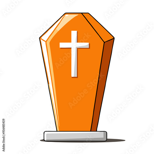  Orange Coffin Icon with White Cross, Halloween Themed Illustration