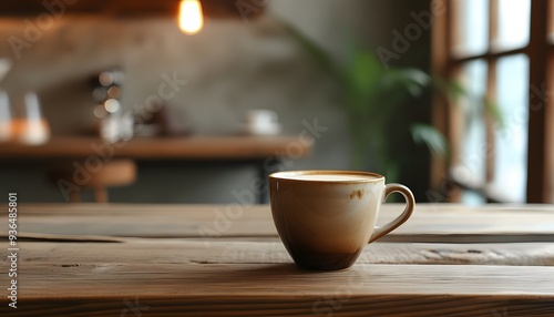 A cup of coffee is quietly placed on the wooden table with a natural and peaceful background.