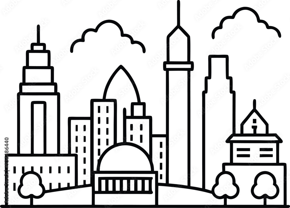 Fototapeta premium This coloring book lets kids create vibrant city skylines with line art
