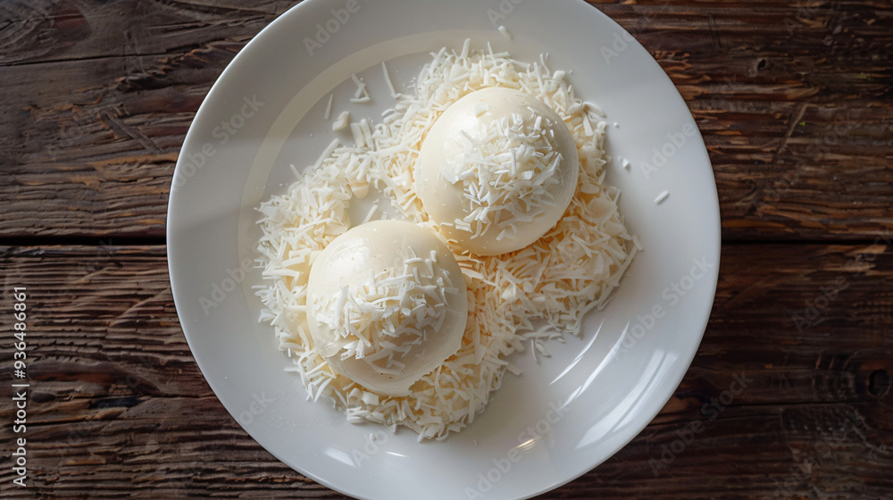 Two coconut candy balls with a sprinkle of grated coconut resting on a white plate on a wooden table Two coconut candy balls with a sprinkle of grated coconut resting on a white plate on a wooden table
