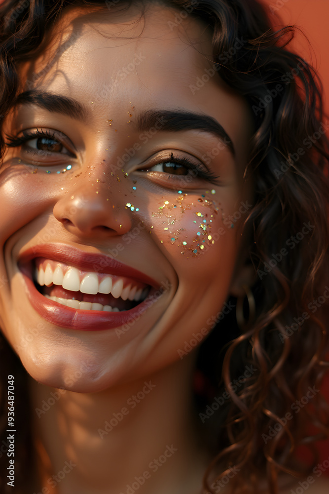 Smiling woman with glitter on her face, joyful and happy expression, close-up portrait Smiling woman with glitter on her face, joyful and happy expression, close-up portrait
