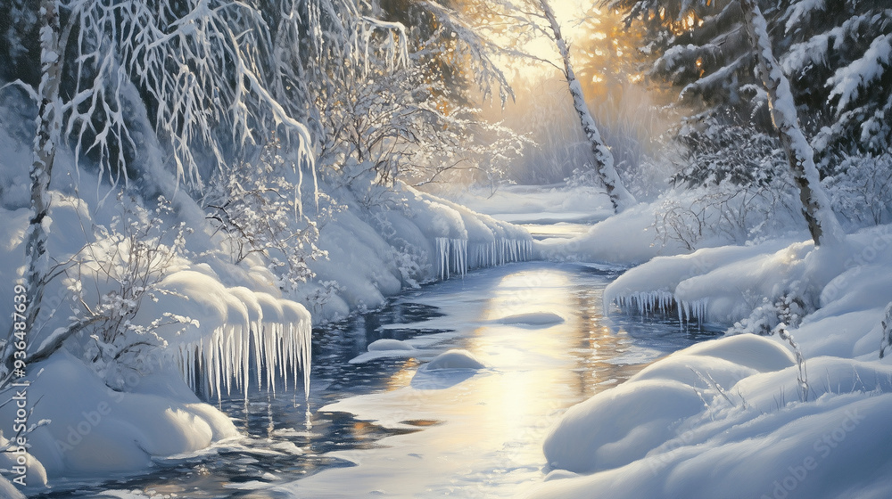 Naklejka premium Zimowy pejzaż, w którym delikatny strumień częściowo zamarzł, a brzegi pokryte są śniegiem i ozdobione zwisającymi soplami lodu.