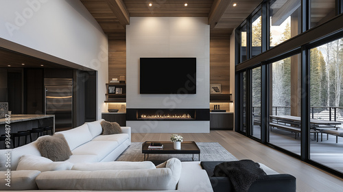 Contemporary fireplace in luxurious living room | TV Mock Up | Floor-to-ceiling windows showcasing forest view | Elegant open-concept home design