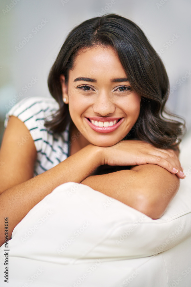 Portrait, home and woman on sofa, comfort and relax with happiness, calm and weekend break. Face, apartment and person on couch, cheerful or peace with interior, wellness and house with smile or girl Portrait, home and woman on sofa, comfort and relax with happiness, calm and weekend break. Face, apartment and person on couch, cheerful or peace with interior, wellness and house with smile or girl