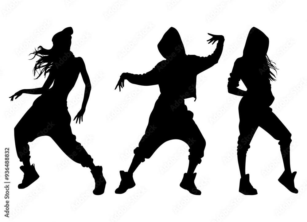 Fototapeta premium Vector illustration. Set of hip-hop dancer girls. Black silhouette on white background.