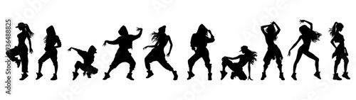 Vector illustration. Set of hip-hop dancer girls. Black silhouette on white background.