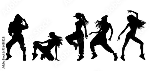 Vector illustration. Set of hip-hop dancer girls. Black silhouette on white background.