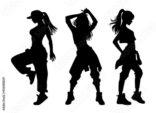 Vector illustration. Set of hip-hop dancer girls. Black silhouette on white background.