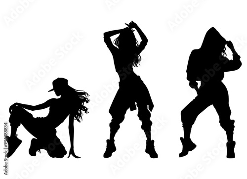 Vector illustration. Set of hip-hop dancer girls. Black silhouette on white background.