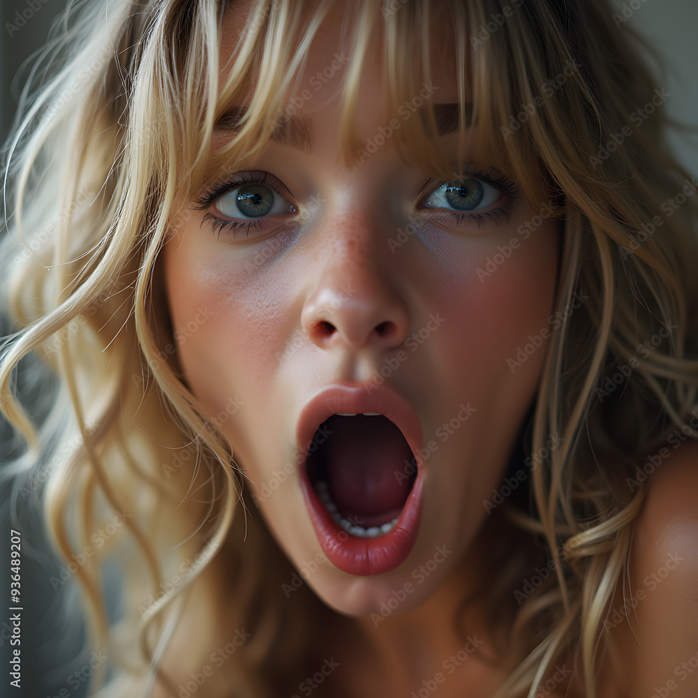 Blonde woman with wide eyes and open mouth expressing shock or surprise, intense close-up Blonde woman with wide eyes and open mouth expressing shock or surprise, intense close-up