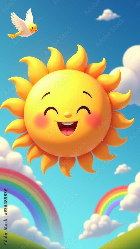Cheerful Animated Sun with Smiling Face Surrounded by Fluffy Clouds Rainbows and Birds in Clear Blue Sky