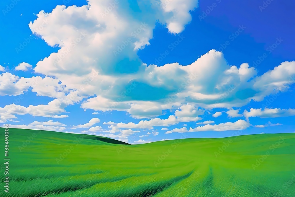 Serene Green Meadow Under Clear Blue Sky with Fluffy Clouds Tranquil Nature Landscape Serene Green Meadow Under Clear Blue Sky with Fluffy Clouds Tranquil Nature Landscape