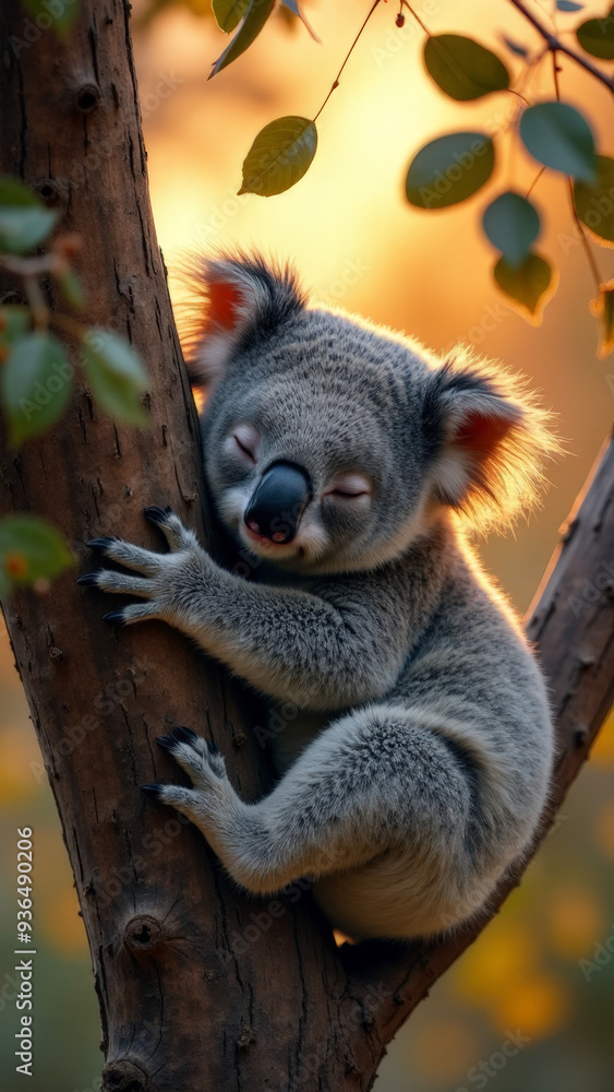 Fototapeta premium Sleepy Koala Cuddling Eucalyptus Branch at Sunset with Falling Leaves