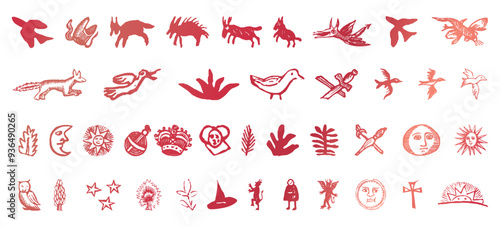 Ancient animal symbols bundle. Mythical animals glyph collection