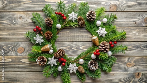 Festive Christmas wreath made of pine branches, cones, leaves, beads, and snowflakes, perfect as a holiday decoration gift for family and friends or home decor.