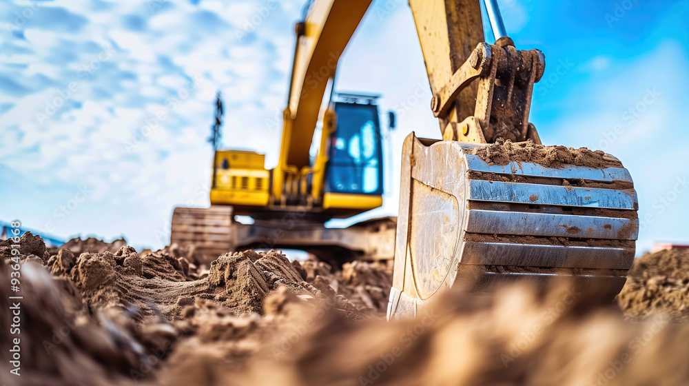 Fototapeta premium A powerful excavator works diligently, its robust arm penetrating the earth as it prepares the ground for construction. The sky is vibrant with soft clouds above