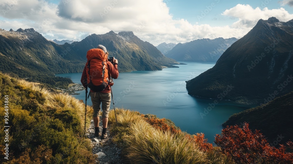 A lone hiker explores a breathtaking mountain trail overlooking a tranquil lake surrounded by dramatic peaks A lone hiker explores a breathtaking mountain trail overlooking a tranquil lake surrounded by dramatic peaks