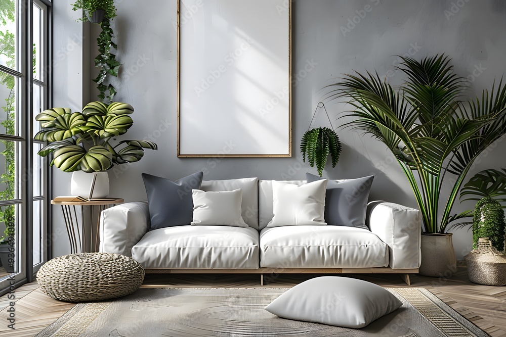 Modern Living Room with Lush Greenery and Cozy Decor Modern Living Room with Lush Greenery and Cozy Decor