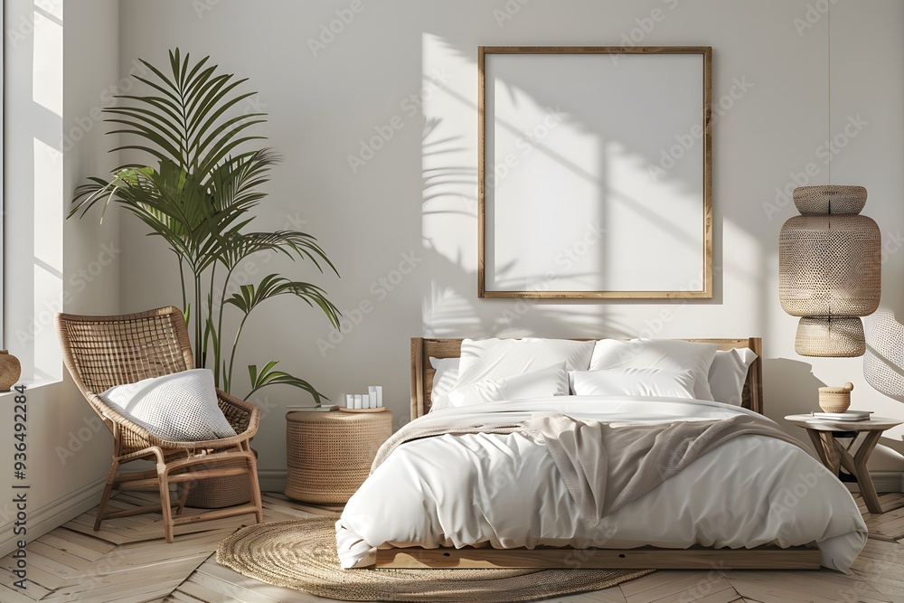 Fototapeta premium Serene and Stylish Bedroom with Natural Elements and Cozy Decor