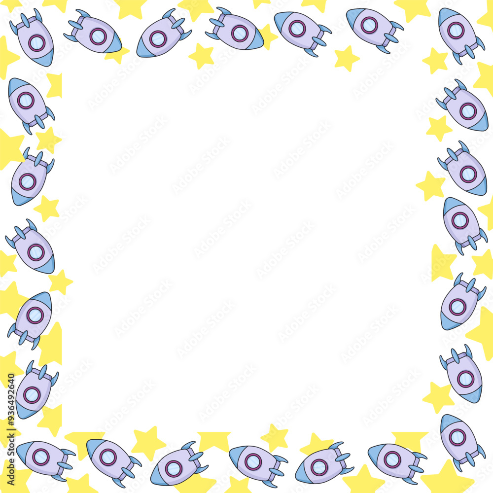 Square frame made of cartoon space rockets with stars Square frame made of cartoon space rockets with stars