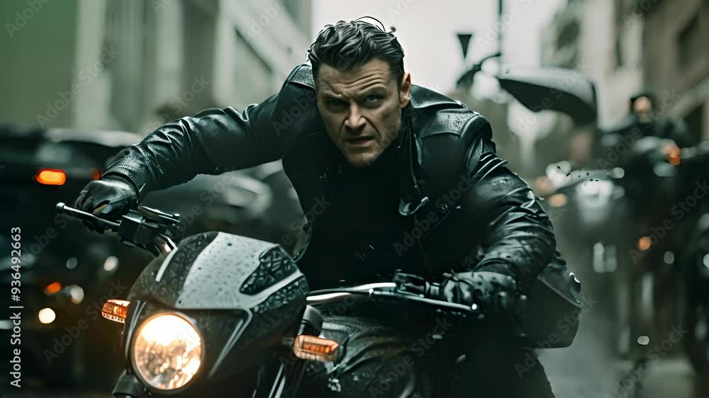 Action shot with man riding away on bike. Dynamic scene in action movie blockbuster style Action shot with man riding away on bike. Dynamic scene in action movie blockbuster style