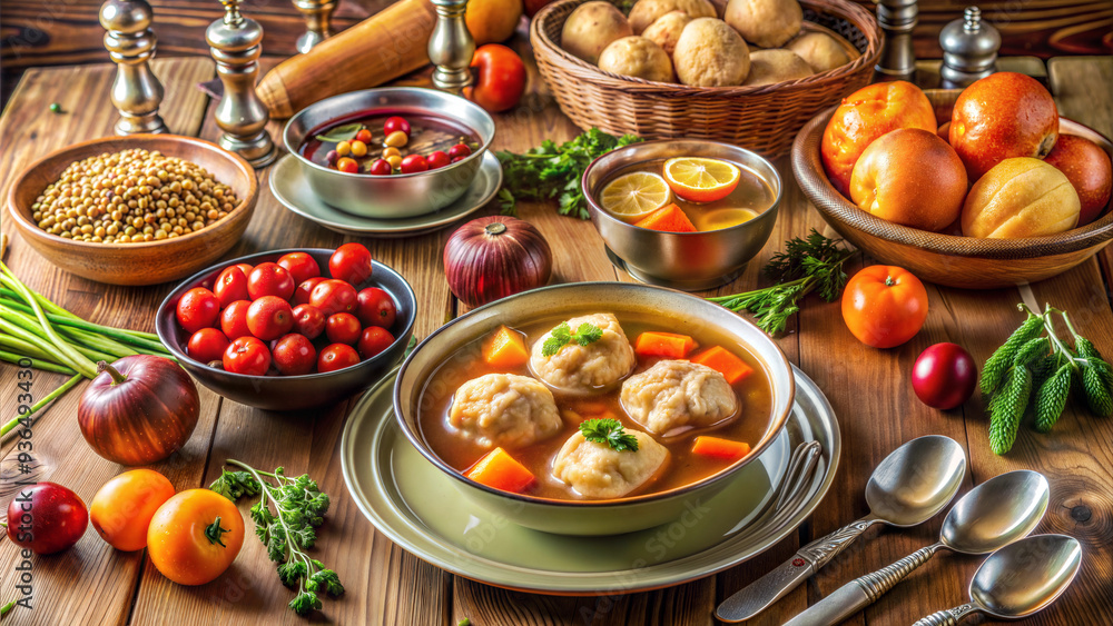 Traditional Rosh Hashanah Food Spread with Matzo Ball Soup and Fresh Ingredients Traditional Rosh Hashanah Food Spread with Matzo Ball Soup and Fresh Ingredients