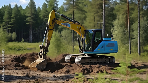 An excavator is actively digging into the soil on a sunny day  surrounded by tall trees and vibrant greenery in a serene countryside setting