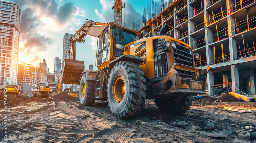 A powerful yellow excavator works tirelessly at a bustling construction site under a vibrant sunset in a city skyline A powerful yellow excavator works tirelessly at a bustling construction site under a vibrant sunset in a city skyline