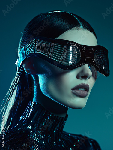 Futuristisches Gothic-Styling: Hübsches Top-Model mit extremen Make-up und avantgardistischer Mode photo