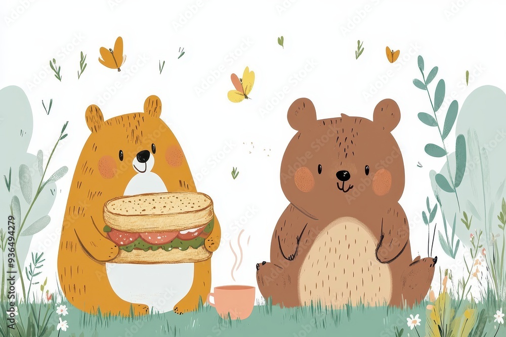 Adorable bears enjoying a picnic in a whimsical garden setting Adorable bears enjoying a picnic in a whimsical garden setting
